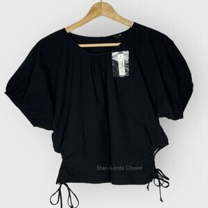 Madewell Poplin Cutout Crop Top | Medium | Black Puff Sleeve Cotton Side Tie